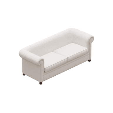 A cream-colored, two-seater loveseat featuring a traditional design with gracefully rolled arms and an upholstered back. It has two separate loose seat cushions, each with subtle piping along the edges, and rests on short, dark-colored turned legs. — 3D model (AI enhanced source)