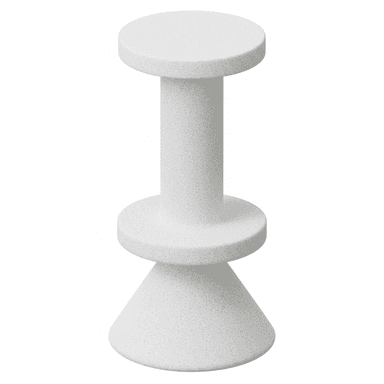 A modern, monochromatic, speckled stool or accent table featuring a cylindrical central column, a circular flat top, a wider circular transition piece, and a conical flared base, all in a uniform light-colored composite material. — 3D model (AI enhanced source)