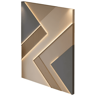 A rectangular decorative wall panel featuring an abstract, asymmetrical geometric design with integrated LED backlighting. The panel consists of various shapes and textures, including smooth matte surfaces in beige and gray, and grooved sections, all framed by gold-toned linear accents. Warm white LED strips are embedded along the edges of some geometric forms, casting a soft ambient glow. — 3D model (AI enhanced source)