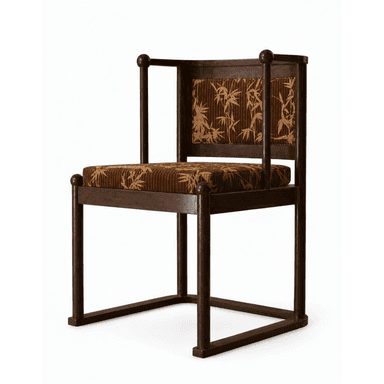 A dark wood armchair with upholstered seat and backrest. The upholstery features a repeating pattern of bamboo stalks and leaves in a contrasting brown and beige color scheme. The chair has a rectilinear frame with rounded finials at the top of the back supports. — 3D model (AI enhanced source)