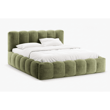 An olive green velvet upholstered platform bed featuring a distinctive scalloped design on both the headboard and the frame. The entire bed structure, including the low-profile base, is covered in soft, textured velvet, presenting a modern and plush aesthetic. It includes a white mattress and bedding. — 3D model (AI enhanced source)