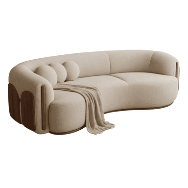 A modern curved sofa upholstered in a light beige, textured fabric, featuring prominent dark wood paneling on the exterior sides and base. The design emphasizes soft, rounded edges and a low profile. — 3D model (AI enhanced source)
