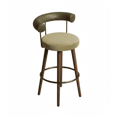 A modern bar stool featuring a rounded upholstered seat and a distinctive curved, padded backrest, supported by four tapered wooden legs connected by a circular metal footrest. — 3D model (AI enhanced source)