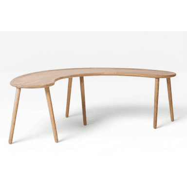 A light-toned wooden coffee table featuring a distinct crescent or bean-shaped top supported by multiple tapered, splayed wooden legs. The design is simple and organic, emphasizing the natural wood grain and smooth curves. — 3D model (AI enhanced source)