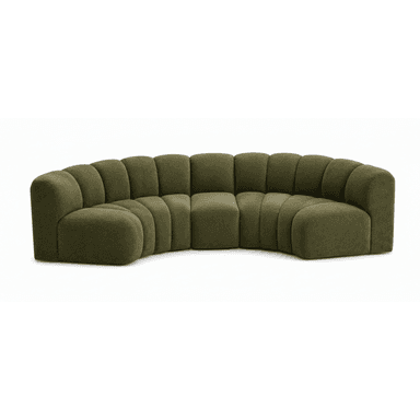 A contemporary curved sectional sofa upholstered in a dark olive green, textured fabric. The sofa features distinctive vertical channel tufting across all its backrests and seat sections, creating a visually plush and inviting appearance. Composed of multiple modular elements, it forms a graceful, arcing silhouette, designed for flexible arrangement and comfortable communal seating. The base is fully upholstered, concealing any legs, giving it a low-profile and substantial presence. — 3D model (AI enhanced source)