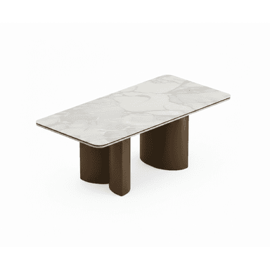 A contemporary rectangular dining table featuring a white marble top with subtle grey veining and two sculptural, dark brown pedestal bases. The table top has softly rounded corners, and the bases are curved and appear substantial. — 3D model (AI enhanced source)