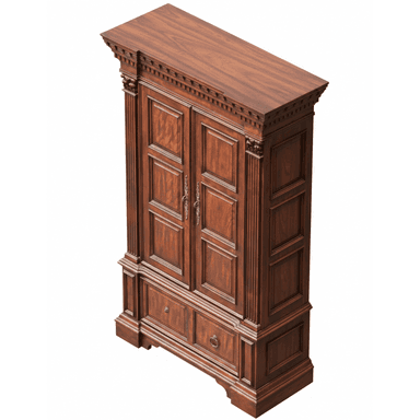 A tall, ornate wooden armoire in a Baroque style, featuring a dark reddish-brown hardwood finish, intricately carved details, and antique metal hardware. — 3D model (AI enhanced source)