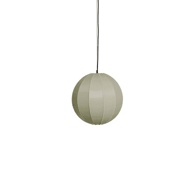 A spherical pendant light featuring a shade composed of multiple segmented panels, likely made from fabric or paper, in a soft sage green color. The segments are joined by visible stitching or seams, creating a distinct texture. The light is suspended from a black electrical cord. — 3D model (AI enhanced source)