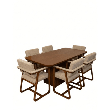 A complete mid-century modern dining set featuring a rectangular wooden table with rounded corners and six matching upholstered armchairs. The table has a substantial, sculptural base. The chairs feature light-colored, textured upholstery on the seat and back, complemented by a dark wood frame that forms integrated armrests and sled-style bases. — 3D model (AI enhanced source)