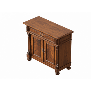 A traditional, dark wooden accent cabinet featuring a single drawer above two hinged doors, adorned with decorative brass hardware and carved pilasters. The cabinet rests on four bun feet. — 3D model (AI enhanced source)