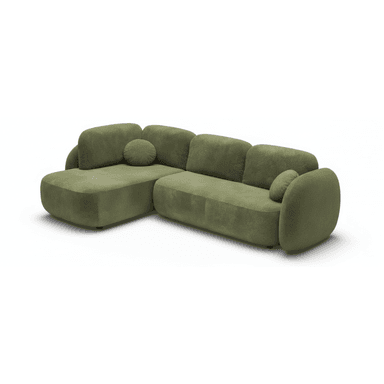A modern, L-shaped sectional sofa upholstered in a green, textured boucle-style fabric, featuring soft, rounded contours and a low-profile design. It includes a left-hand facing chaise component and two matching round accent pillows. — 3D model (AI enhanced source)