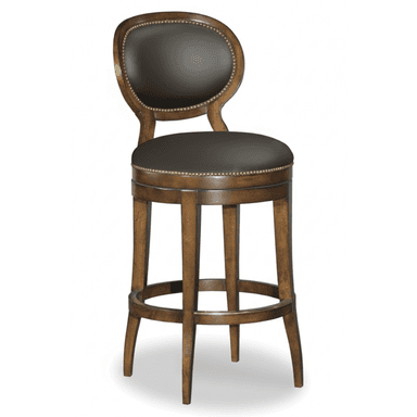 A traditional style bar stool featuring a solid wood frame with a dark brown finish. It has an oval-shaped upholstered backrest and a circular upholstered seat, both adorned with decorative brass nailhead trim. The stool is equipped with a swivel mechanism for the seat and includes a circular footrest bar near the base, also featuring a metal accent. — 3D model (AI enhanced source)