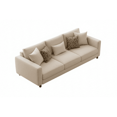 A contemporary three-seater sofa upholstered in a light beige or cream fabric. It features a minimalist design with straight, low track arms and a backrest composed of multiple loose cushions. The seating area consists of three individual loose seat cushions. The sofa is complemented by several throw pillows, including two with a distinct brown and beige geometric pattern, and others in a solid light tone. It rests on small, dark-finished block feet. — 3D model (AI enhanced source)
