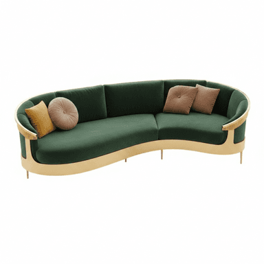 A luxurious curved sofa featuring emerald green velvet upholstery and a prominent polished brass base. The sofa has a sinuous, crescent-shaped form with three back cushions and a continuous seat cushion. The back and arms are outlined by a gleaming brass frame, which also forms the thin, tapered legs. The ends of the sofa incorporate vertical slatted brass detailing along the inner armrest area. Several accent pillows in varying shapes and shades of brown and yellow are arranged on the sofa. — 3D model (AI enhanced source)