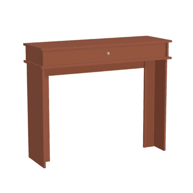 A minimalist console table rendered in a reddish-brown hue. It features a narrow rectangular top surface, a single drawer with a small brass-colored knob, and two broad, flat-panel legs forming a U-shaped base. The design is clean and understated, emphasizing functionality and simplicity. The top surface overhangs the drawer unit slightly, and the drawer unit itself sits above the main leg structure, creating a subtle tiered appearance. The material appears to be solid wood or a wood composite with a matte finish. — 3D model (AI enhanced source)