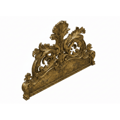 An ornate, gilded headboard featuring elaborate Rococo-style carvings, including scrolling acanthus leaves and shell motifs, rendered in carved wood with an aged, distressed gold finish. — 3D model (AI enhanced source)
