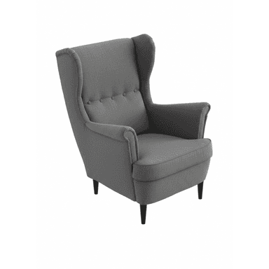 A contemporary wingback armchair upholstered in a textured grey fabric. The chair features a tall, slightly curved back with pronounced 'wings' at the top, a series of five decorative buttons forming a line down the center of the backrest, and sloped, rolled armrests. It has a removable seat cushion and stands on four slender, tapered dark-stained wooden legs. The overall design combines classic wingback elements with a modern, streamlined aesthetic. — 3D model (AI enhanced source)