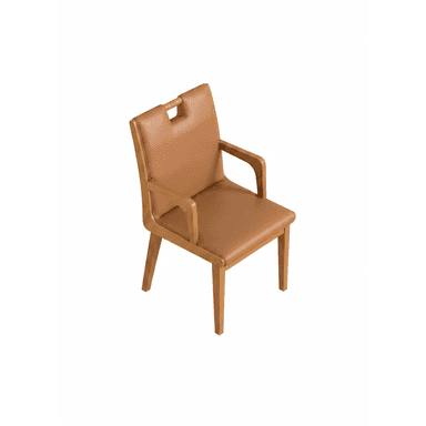 A contemporary armchair featuring a light-toned wooden frame, integrated arms, and upholstered seat and back in tan faux leather, distinguished by a rectangular cutout handle at the top of the backrest. — 3D model (AI enhanced source)