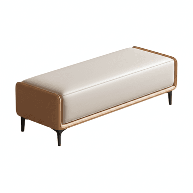 A contemporary upholstered bench with a rectangular beige seat cushion, set within a rounded brown frame, and supported by tapered black metal legs. — 3D model (AI enhanced source)