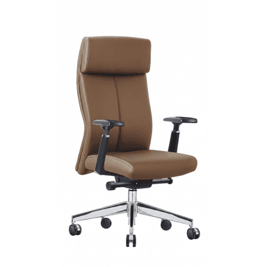 A high-back executive office chair upholstered in brown leather, featuring a padded seat, tall backrest with integrated headrest, and black fixed-height armrests. It sits on a polished chrome five-star swivel base with black rolling casters. — 3D model (AI enhanced source)