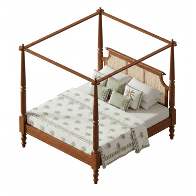 A classic four-poster bed with a wooden frame. The headboard features a cane weave panel. The bed is dressed with a white mattress, a white duvet cover with a green palm tree pattern, and several decorative pillows in coordinating green tones. The bedposts are turned and fluted, and the legs are bulbous. — 3D model (AI enhanced source)