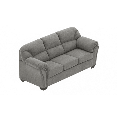 A grey upholstered three-seater sofa featuring rolled arms with nailhead trim and individual seat and back cushions. — 3D model (AI enhanced source)