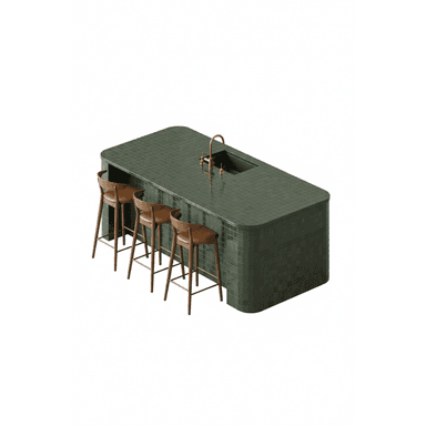 An aerial view of a rectangular kitchen island with rounded corners, entirely surfaced in small dark green mosaic tiles. It features an integrated dark grey sink basin with a gold/brass swan-neck faucet and separate handle. Three wooden bar stools with saddle-style seats are positioned along one side of the island. — 3D model (AI enhanced source)