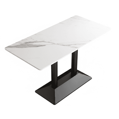 The image displays a contemporary rectangular table featuring a white top with grey faux marble veining and a contrasting black metal twin pedestal base. The tabletop has subtly rounded corners, presenting a sleek and modern aesthetic. The base consists of two robust cylindrical columns affixed to a rectangular, slightly trapezoidal plinth, providing stable support. The overall design emphasizes clean lines and a minimalist profile, suitable for various modern interiors. — 3D model (AI enhanced source)