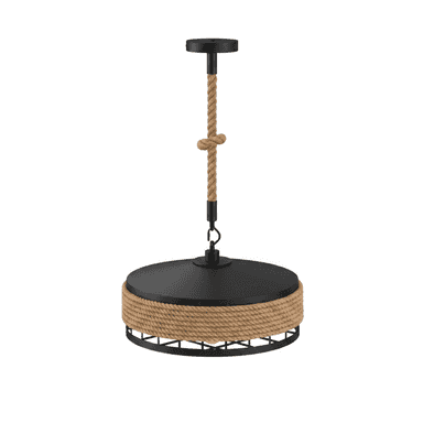 A black metal and rope pendant light featuring a drum-shaped shade. The light is suspended by a thick, natural fiber rope that connects to a black circular ceiling canopy, with a decorative knot detail. The shade consists of a solid black metal top and a metal cage-like base, around which a substantial amount of natural rope is tightly wrapped, providing a rustic and textured aesthetic. — 3D model (AI enhanced source)