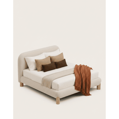 An upholstered platform bed featuring a soft, cream-colored, textured fabric. The bed includes an integrated headboard and footboard with rounded edges, creating a contemporary and organic aesthetic. It stands on four short, cylindrical light wood legs, elevating the frame slightly off the ground. The bed is dressed with white bedding, an off-white textured throw, and several decorative pillows in shades of brown and terracotta, along with a rust-colored knitted blanket draped over the foot of the bed. — 3D model (AI enhanced source)