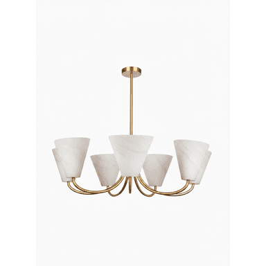 A six-light chandelier featuring a polished brass finish and inverted conical shades made of white, swirled glass that mimics alabaster. The central stem connects to a circular ceiling canopy, from which six curved arms extend, each holding a shade. — 3D model (AI enhanced source)