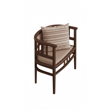 A compact armchair featuring a dark stained wooden frame with a distinctive barrel-shaped, curved backrest and open slatted sides. The chair has a firm, upholstered seat cushion in a light beige or cream color, accented by visible nailhead trim along the base. A separate, striped fabric pillow in shades of brown and beige rests against the backrest. The overall design suggests a blend of traditional and transitional aesthetics. — 3D model (AI enhanced source)