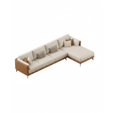 A modern sectional sofa featuring a chaise lounge. The main body of the sofa is upholstered in a light cream or off-white material, likely leather or a high-quality fabric. The arms and the side of the chaise are upholstered in a contrasting warm brown material, possibly leather, with a visible wood grain texture on the frame. It is supported by thin, black, angled legs. The sofa includes multiple throw pillows; two with a black and white geometric pattern and two solid colored pillows in cream and brown. — 3D model (AI enhanced source)