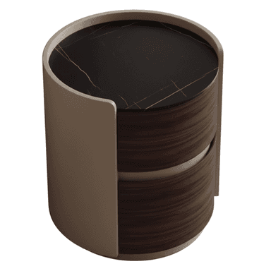 A contemporary round nightstand featuring a dark marble top, two curved wood veneer drawers, and a beige, semi-enclosing outer frame. — 3D model (AI enhanced source)
