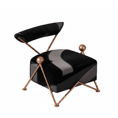 An Art Deco-inspired lounge chair featuring a plush upholstered seat and backrest, supported by an intricate copper-finished metal frame. The upholstery showcases a geometric pattern with sections of black and grey velvet, creating a dynamic visual. The frame incorporates hammered texture and distinctive spherical accents at the front corners of the seat and supporting the backrest. — 3D model (AI enhanced source)