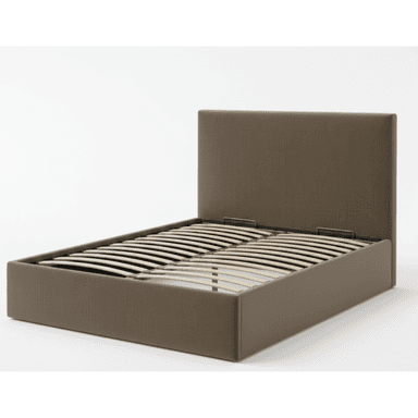 A modern upholstered platform bed frame featuring a simple, clean design with an integrated headboard and a wooden slat support system. The frame is covered in a textured fabric in a neutral taupe color. — 3D model (AI enhanced source)