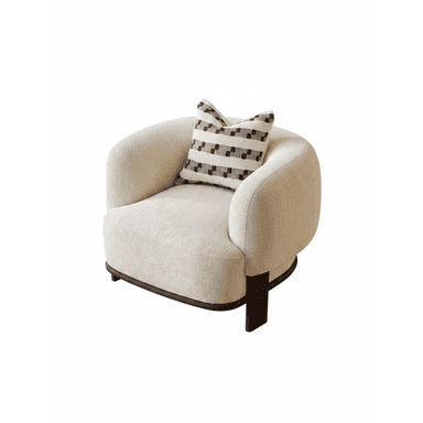 An upholstered armchair featuring a rounded, barrel-like silhouette with integrated armrests and a dark wood plinth base. The chair is covered in a light, textured fabric and is accompanied by a patterned throw pillow. — 3D model (AI enhanced source)