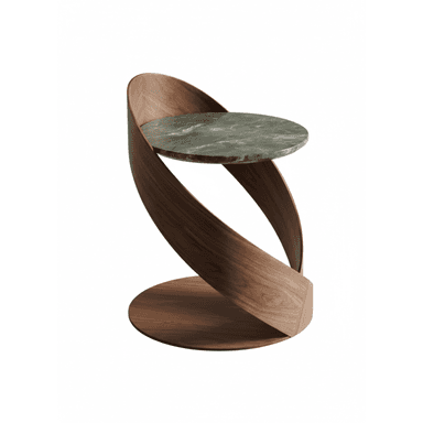 A small, sculptural side table featuring a circular green marble top supported by a uniquely curved and spiraled dark walnut wood base, resting on a circular wooden floor base. — 3D model (AI enhanced source)