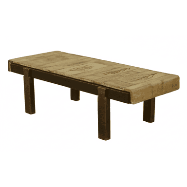 A rectangular coffee table featuring a top surface composed of light-colored ceramic tiles, some of which are decorated with subtle botanical patterns. The tabletop is supported by a dark, possibly bronze or dark brown, metal frame and four sturdy, rectangular metal legs. — 3D model (AI enhanced source)