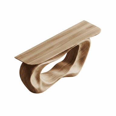 A narrow, light-toned wooden table featuring a highly sculptural and organic base that seamlessly transitions into the tabletop. The design showcases fluid lines and a continuous form. — 3D model (AI enhanced source)