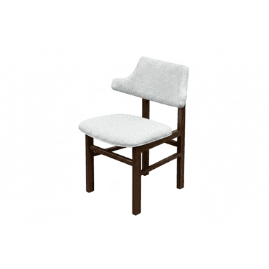 An armless dining chair featuring a dark-stained wooden frame and light gray upholstered seat and backrest. The backrest has a distinct, subtly curved upper edge on one side, adding a unique design element. The frame is constructed with straight lines and square-profile legs, connected by stretchers for stability. — 3D model (AI enhanced source)