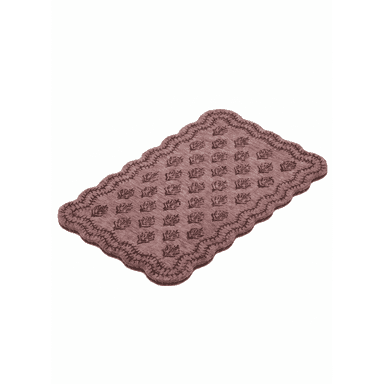 A small rectangular textile mat featuring a scalloped edge and an embossed or woven floral pattern across its surface. The mat is a muted brownish-mauve color, suggesting a soft, possibly plush texture. The floral motif consists of repeated rose-like designs arranged in a grid, contrasting subtly with the background texture. The edges are finished with a distinct scalloped border, adding a decorative touch. — 3D model (AI enhanced source)