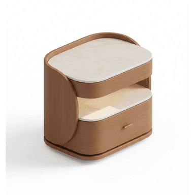 A contemporary nightstand featuring a rounded, organic design crafted from light-toned wood, complemented by cream-colored marble surfaces on the top and an open shelf. It includes a single drawer with a subtle brass pull. — 3D model (AI enhanced source)