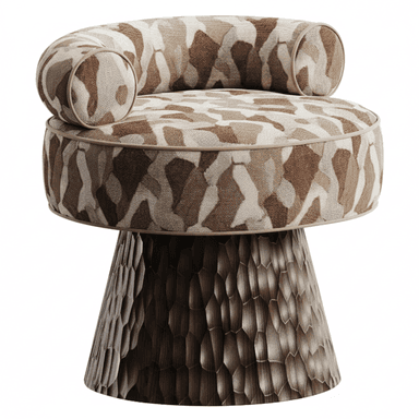A modern upholstered accent chair featuring a low, curved backrest and integrated armrests, all adorned with a distinctive geometric camouflage-style fabric pattern in shades of brown, beige, and cream. The chair sits on a robust, conical wooden base with a deeply carved, hexagonal or scale-like texture in a dark, rich wood finish. — 3D model (AI enhanced source)