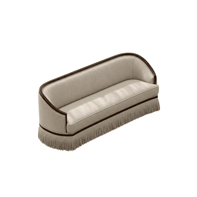 A traditional barrel back sofa featuring a continuous curved back and arms, an exposed dark wood frame, light neutral fabric upholstery, a single seat cushion, and a decorative fringe skirt. — 3D model (AI enhanced source)