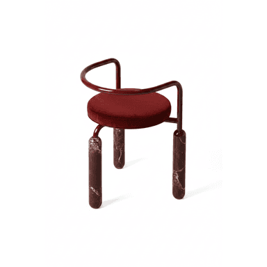A contemporary accent chair featuring a circular deep red velvet upholstered seat, supported by a curved, glossy dark red metal frame that also forms the backrest and partial armrests. The chair stands on three robust, cylindrical legs made of polished dark red marble with white veining. — 3D model (AI enhanced source)