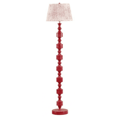 A vibrant red lacquered floor lamp featuring a distinctive stacked spindle-shaped column and a round base. The lamp is topped with a conical pleated fabric shade in white with small red flecks, complementing the base color. The lamp has a single light source, and its design suggests an eclectic or contemporary aesthetic with traditional influences. — 3D model (AI enhanced source)