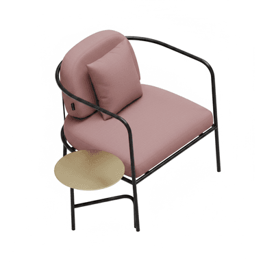A modern lounge armchair featuring a minimalist black tubular metal frame, soft pink fabric upholstery, and an integrated circular gold-finished side table. The chair includes a seat cushion and a back cushion, both upholstered in the same pink fabric, with an additional smaller toss pillow for lumbar support. The frame extends to form the armrests and legs in a continuous, rounded design. — 3D model (AI enhanced source)
