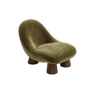 A low-profile, organically shaped lounge chair upholstered in plush olive green velvet, featuring a continuous, gently curved seat and backrest. It is supported by three short, stout, conical dark wood legs. — 3D model (AI enhanced source)