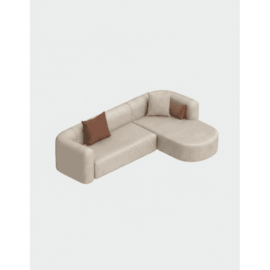 An upholstered sectional sofa featuring a contemporary design with smooth, rounded edges. It consists of a main seating section and an integrated, curved chaise lounge, all upholstered in a light beige fabric. Two throw pillows, one beige and one rust-colored, are included. — 3D model (AI enhanced source)
